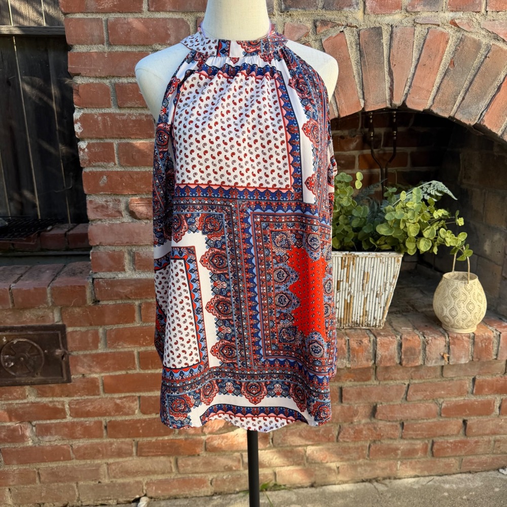Life Style Womens XL Paisley Scarf Print Halter Neck Sleeveless Blouse‎ Red Blue